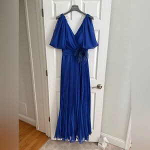 Valerio Luna Royal Blue Pleated V-Neck Maxi Dress with Feather Waist Accent